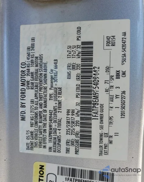 2015 Ford Mustang z USA, uszkodzony, nr VIN 1FATP8EM9F5409442